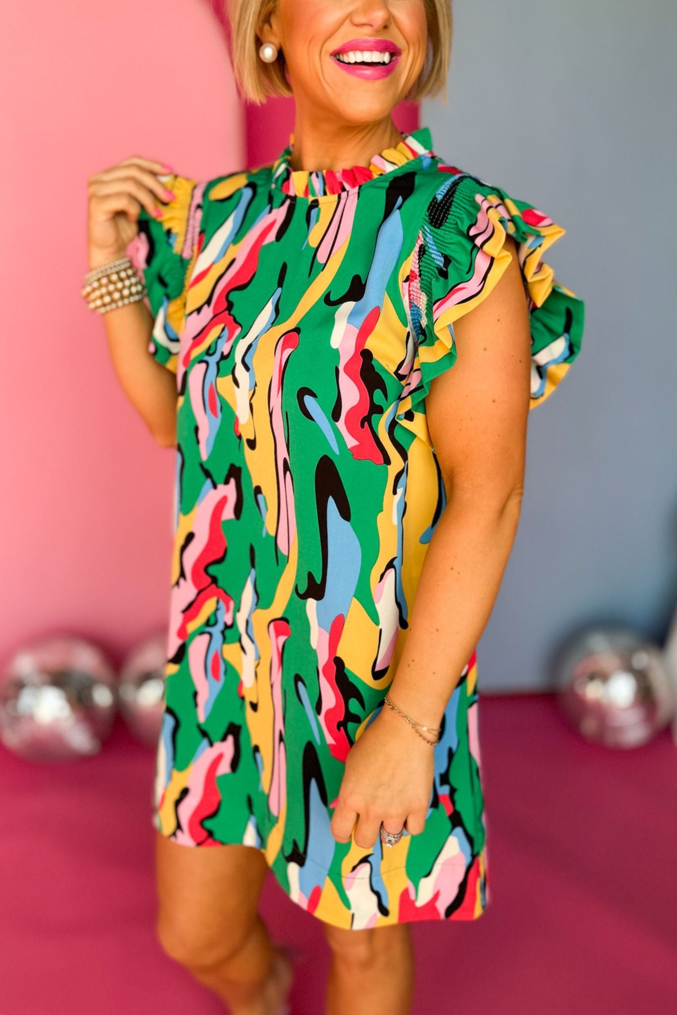 Green Multi Floral Frill Neck Smocked Ruffle Sleeve Dress, mini dress, printed dress, must have dress, must have style, office style, spring fashion, elevated style, elevated dress, mom style, work dress, shop style your senses by mallory fitzsimmons