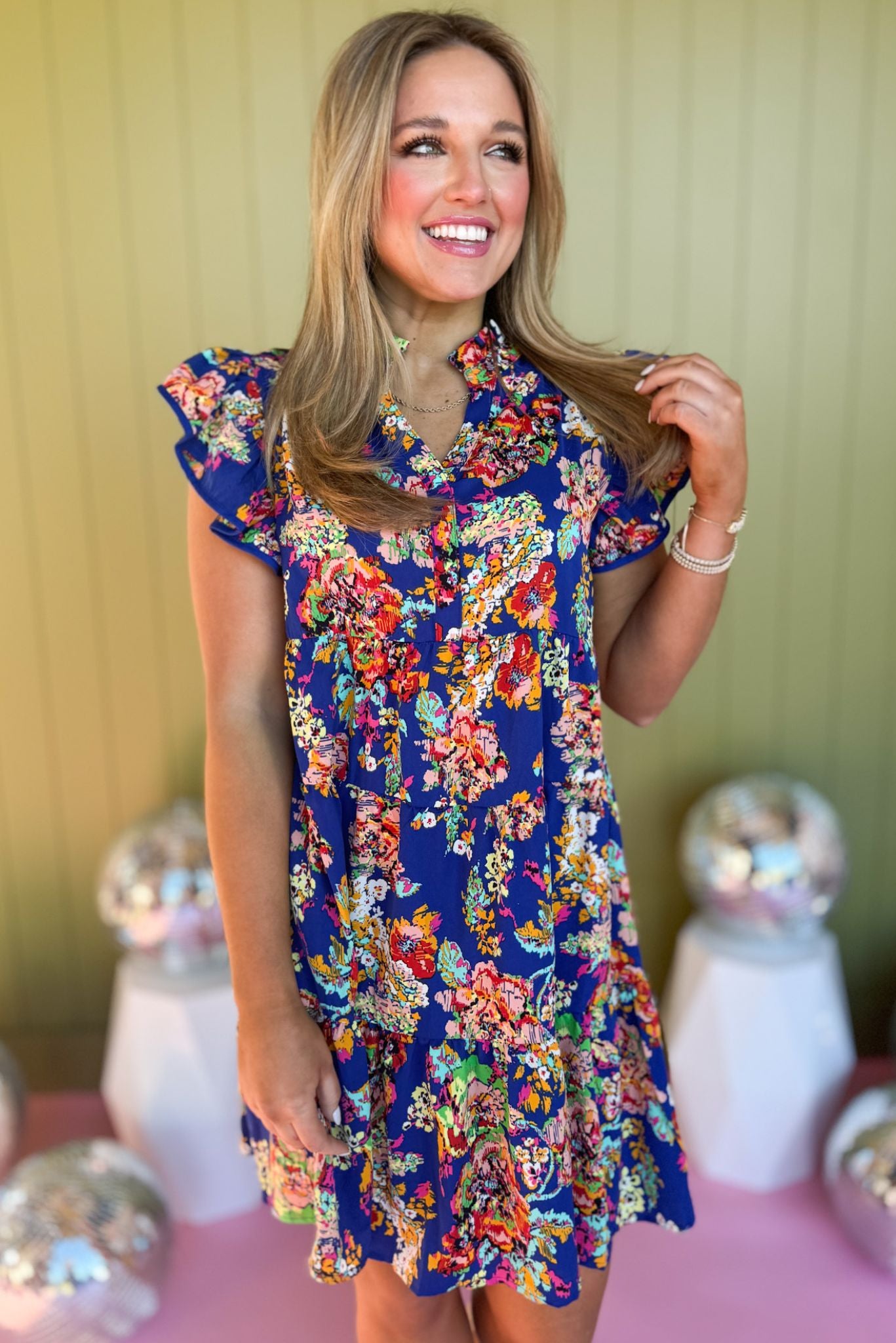 Navy Multi Floral Frill Neck Ruffle Short Sleeve Dress, spring dress, flutter ruffle sleeve, floral dress, spring look, ruffle, mini dress, ssys, shop ssys, shop ssys by mallory fitzsimmons