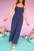  navy smocked waisted adjustable cami strap wide leg jumpsuit, summer style, transitional piece, mom style, on the go, easy to wear, summer must have, elevated basic, shop style your senses by mallory fitzsimmons