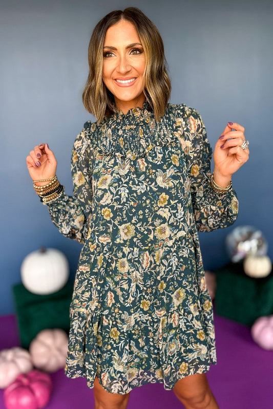  Green Floral Printed High Smocked Neck Ruffle Long Sleeve Dress, elevated style, elevated dress, must have dress, must have style, must have print, fall style, fall fashion, fall dress, fall family photos, mom style, shop style your senses by mallory fitzsimmons