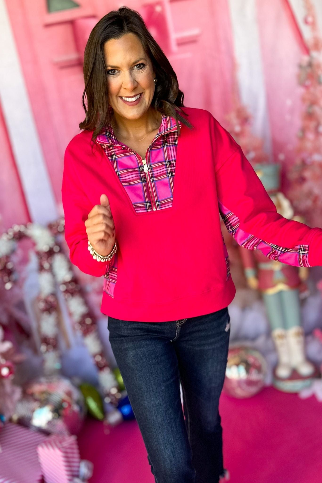 SSYS The Willow Pullover In Pink Tartan Plaid, must have pullover, must have style, comfy style, holiday style, holiday fashion, affordable fashion, elevated pullover, elevated style, mom style, must have basic, elevated basic, shop style your senses by mallory fitzsimmons