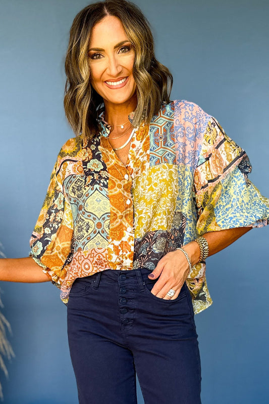 Multi Patchwork Print Bubble Sleeve Top, elevated top, must have top, mom style, elevated style, fall top, must have fall, must have print, shop style your senses by mallory fitzsimmons