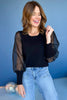 Black Mixed Material Long Puffed Sleeve Top, must have top, must have style, office style, winter fashion, elevated style, elevated top, mom style, work top, shop style your senses by mallory fitzsimmons
