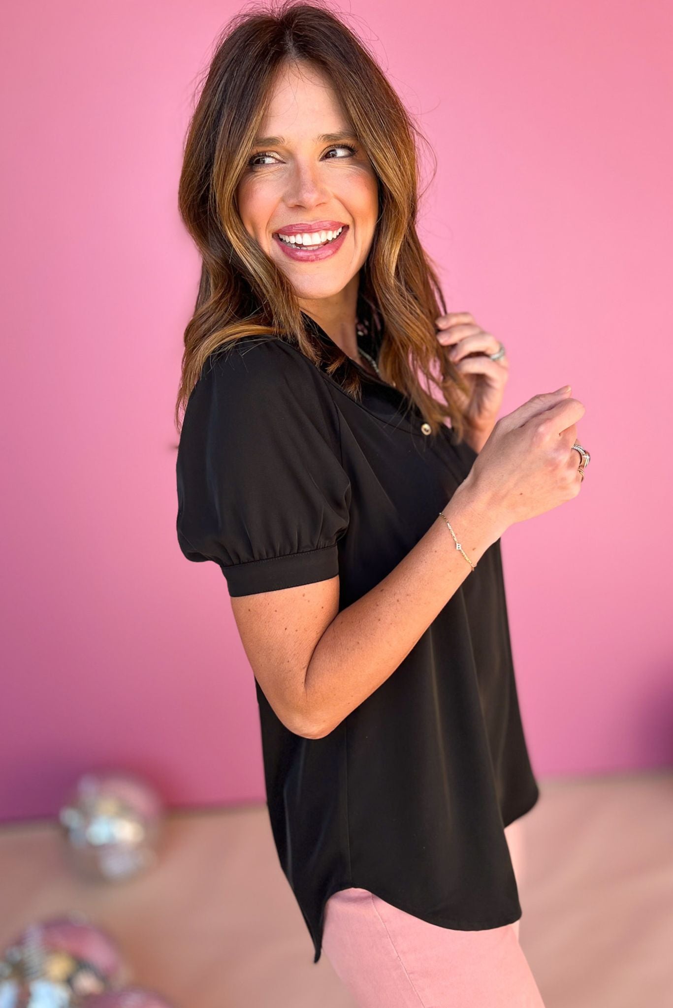 SSYS The Marley Button Puff Sleeve Top In Black, ssys the lablel, ssys top, elevated top, work top, office top, spring fashion, spring top, button down top, must have top, mom style, shop style your senses by mallory fitzsimmons, ssys by mallory fitzsimmons