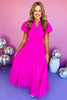 Magenta Split Neck Puff Short Sleeve Tiered Midi Dress, bright dress, must have dress, must have style, summer style, spring fashion, elevated style, elevated dress, mom style, shop style your senses by mallory fitzsimmons, ssys by mallory fitzsimmons  Edit alt text