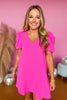 Hot Pink V Neck Gathered Short Sleeve Dress, pink dress, ruched sleeve dress, summer to fall dress, elevated style, mom style, work to weekend style, shop style your senses by mallory fitzsimmons