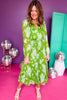 Kelly Green Floral Printed Split Frilled Tie Neck Tiered Long Sleeve Midi Dress, must have dress, must have style, office style, spring fashion, elevated style, elevated dress, mom style, work dress, shop style your senses by mallory fitzsimmons