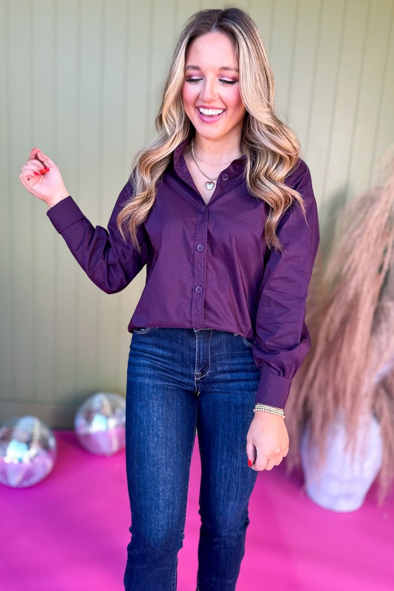 Purple Button Front Pleated Back Long Sleeve Top, must have top, must have style, office style, winter fashion, elevated style, elevated top, mom style, work top, shop style your senses by mallory fitzsimmons