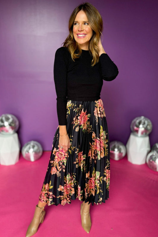 Black Sweater Floral Printed Pleated Midi Dress, must have dress, must have style, winter style, winter fashion, elevated style, elevated dress, mom style, winter collection, winter dress, shop style your senses by mallory fitzsimmons