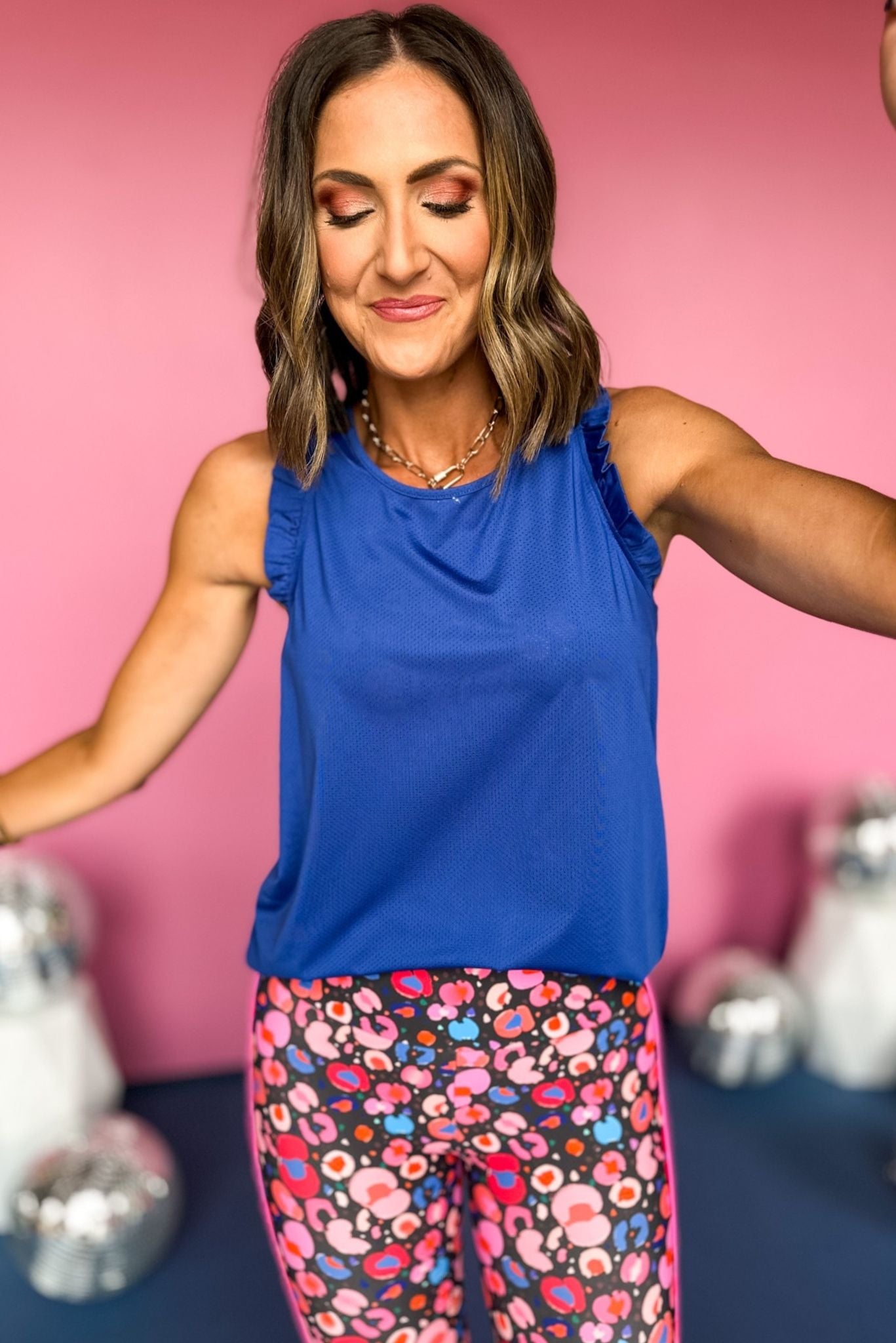 SSYS Royal Blue Ruffle Racerback Active Tank Top, must have top, must have athleisure, elevated style, elevated athleisure, mom style, active style, active wear, fall athleisure, fall style, comfortable style, elevated comfort, shop style your senses by mallory fitzsimmons