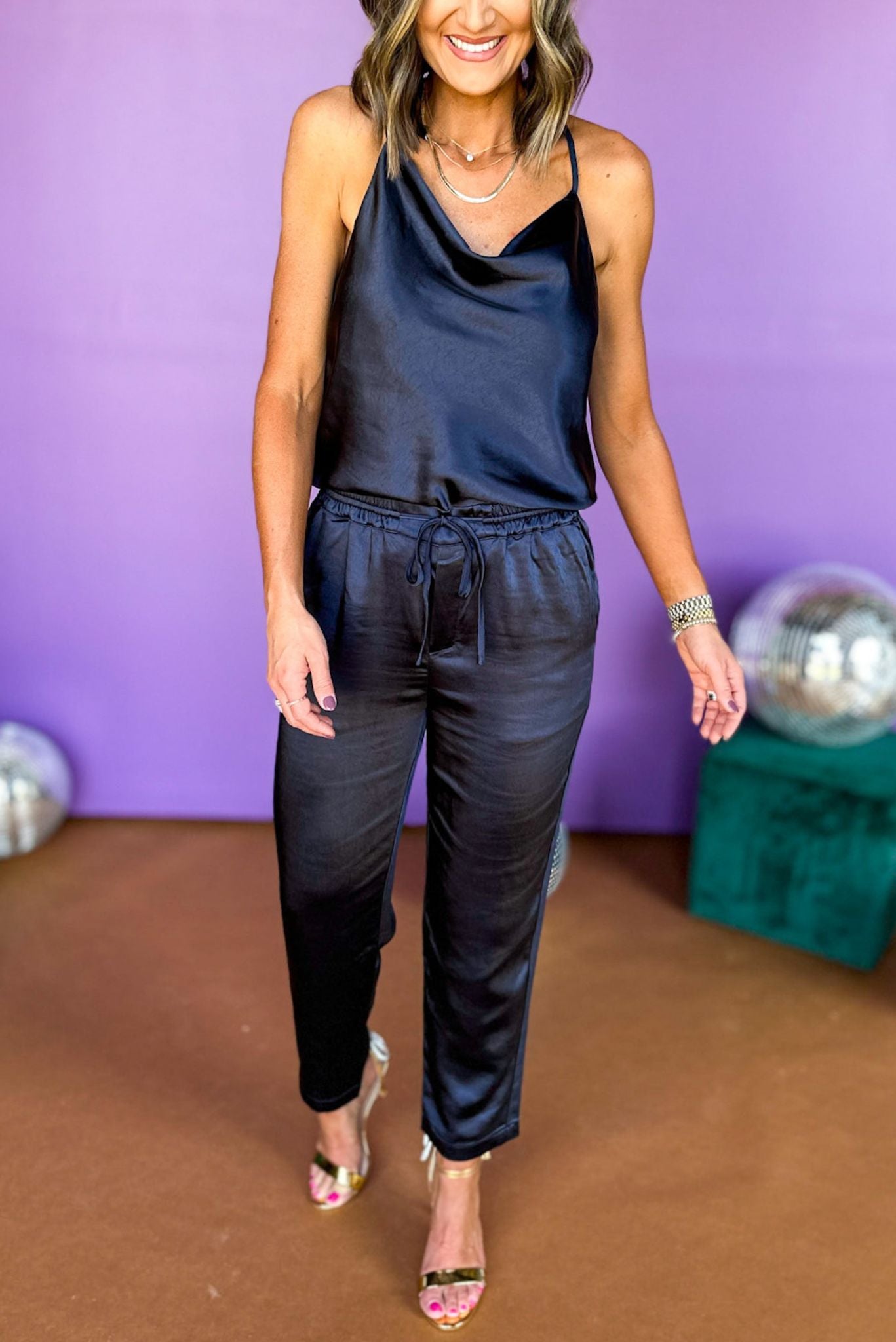 Navy Cowl Neck Satin Cami Top, must have top, must have set, matching set, elevated style, elevated look, satin top, satin set, fall event, fall style, mom style, shop style your senses by mallory fitzsimmons