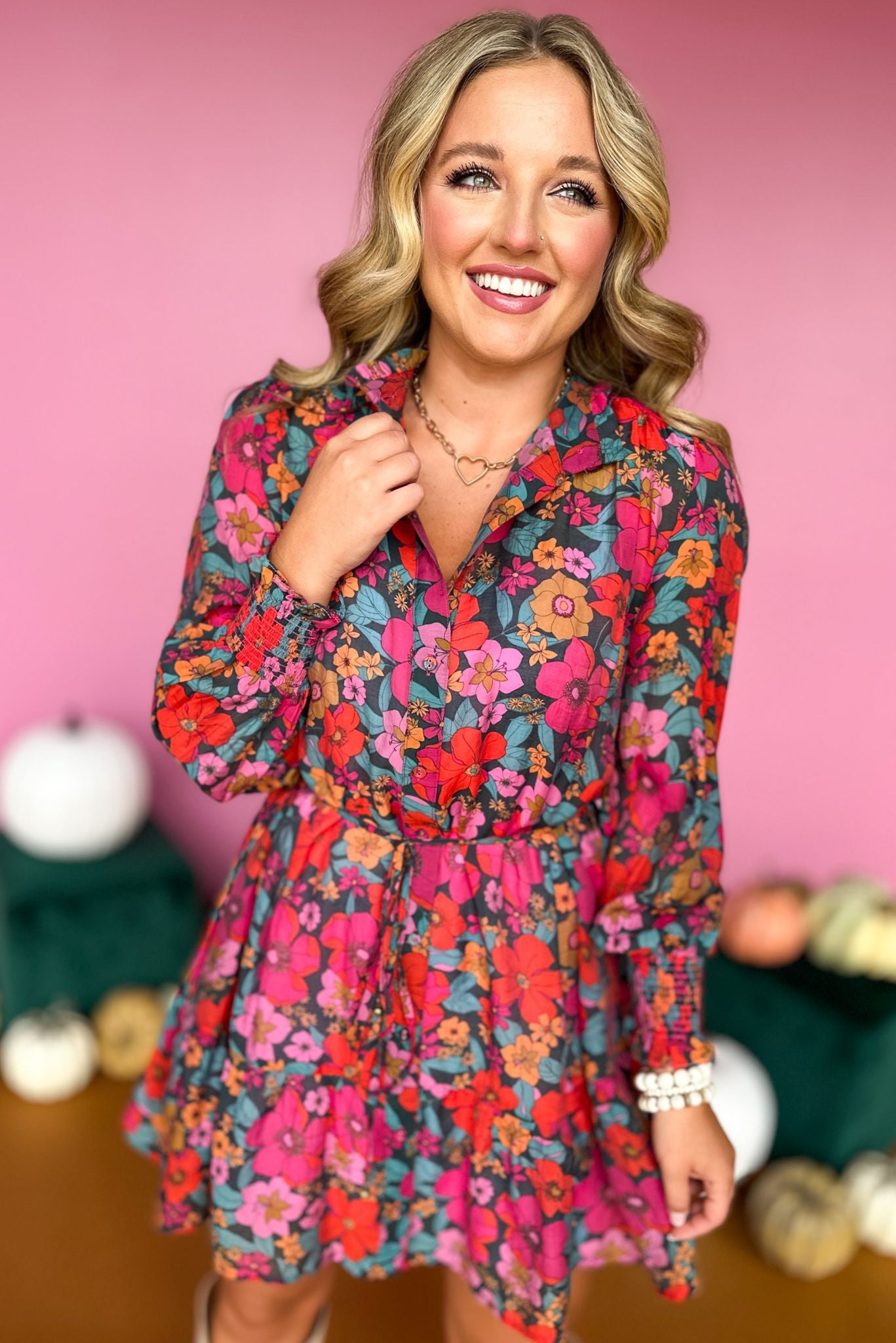 Fuchsia Floral Printed Tie Waist Ruffle Sleeve Dress, must have dress, must have style, fall style, fall fashion, elevated style, elevated dress, mom style, fall collection, fall dress, shop style your senses by mallory fitzsimmons