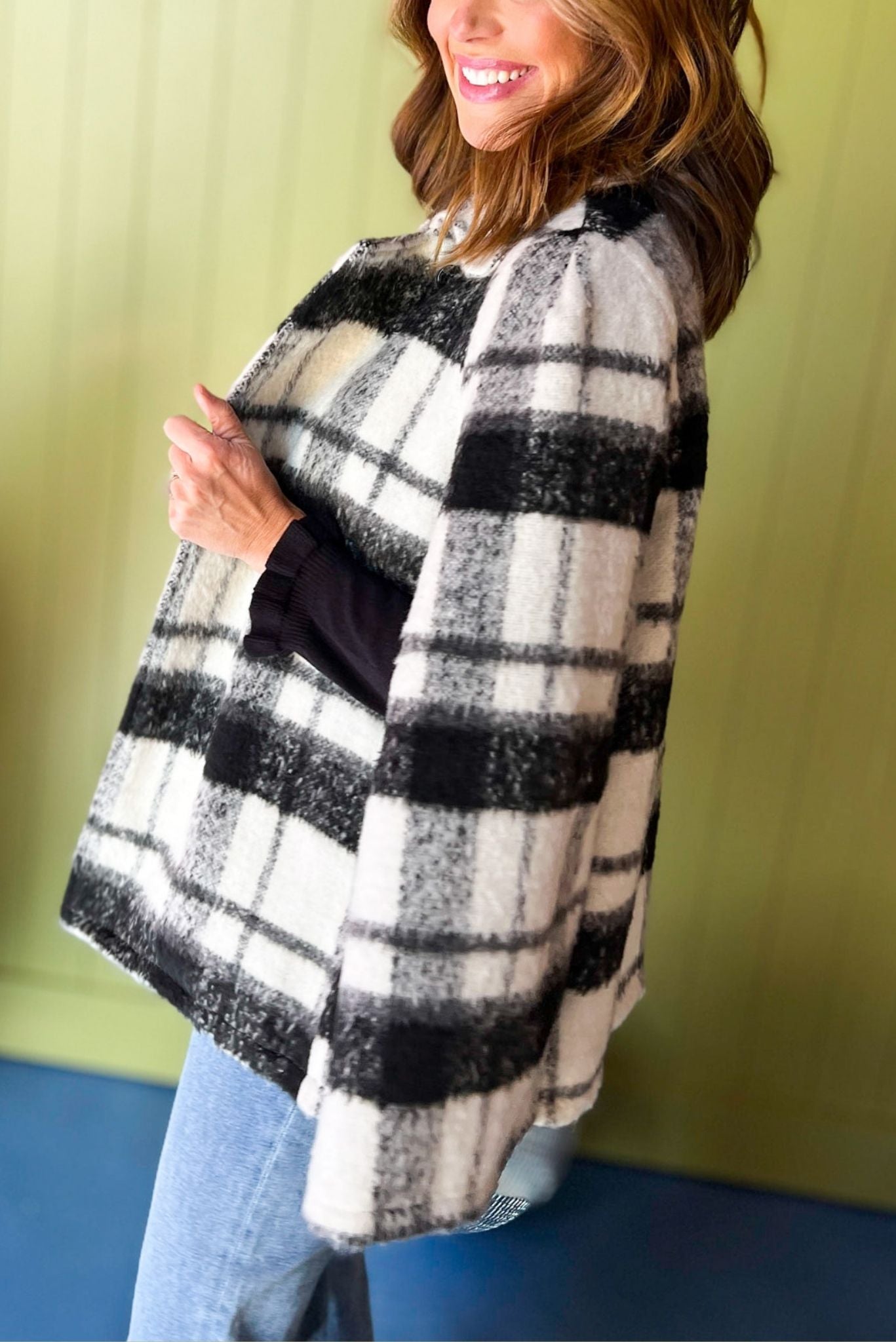 Black Plaid Printed Cape Poncho, must have poncho, must have style, must have fall, fall collection, fall fashion, elevated style, elevated poncho, mom style, fall style, shop style your senses by mallory fitzsimmons