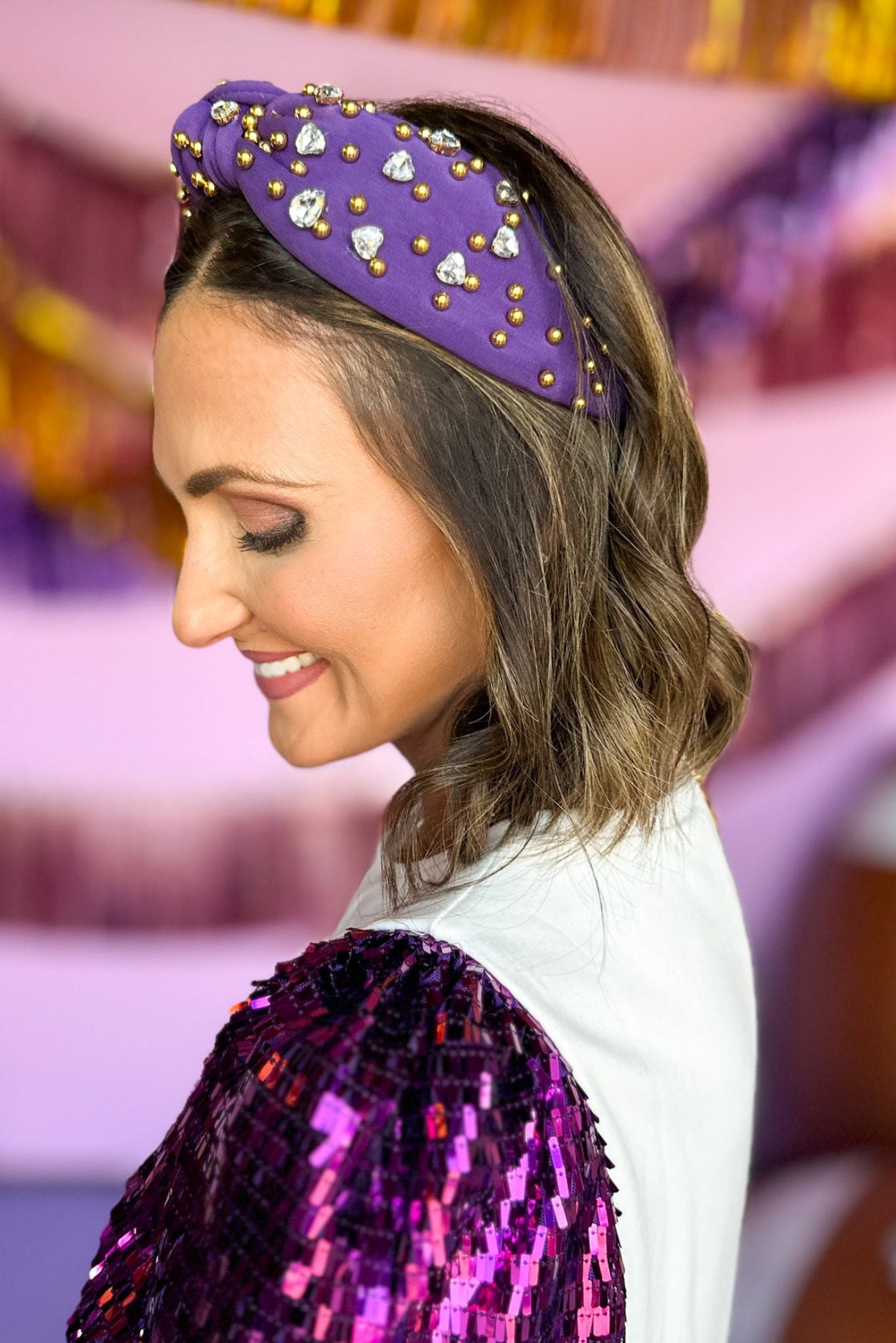 Purple Gold Bead Rhinestone Knot Headband, accessories, headband, gameday style, game day headband, game day accessory, tcu game day, lsu game day, clemson game day, shop style your senses by mallory fitzsimmons