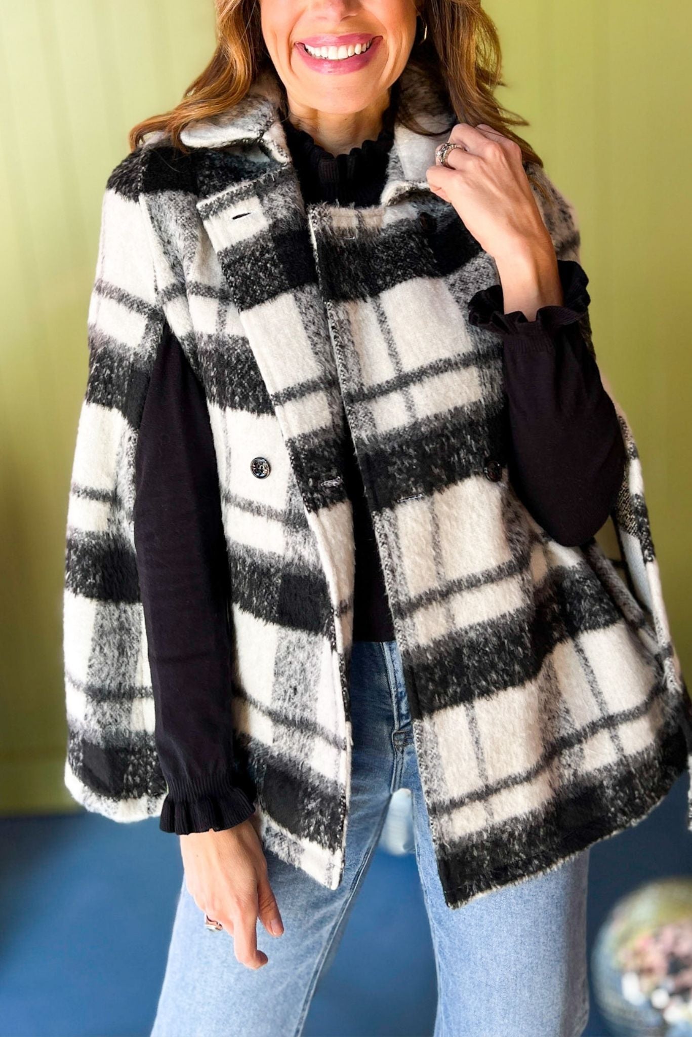 Black Plaid Printed Cape Poncho, must have poncho, must have style, must have fall, fall collection, fall fashion, elevated style, elevated poncho, mom style, fall style, shop style your senses by mallory fitzsimmons