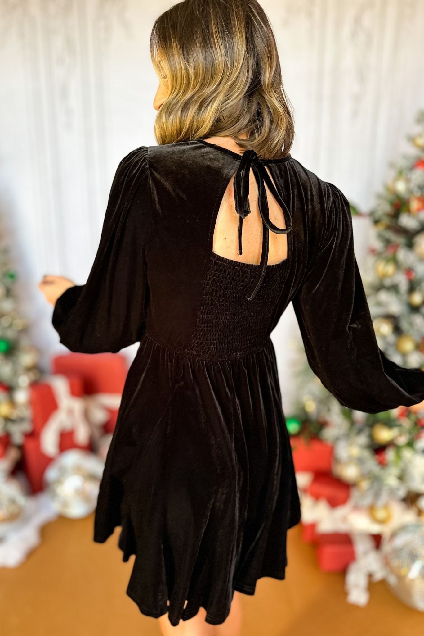 Black Velvet Smocked Detail Pocket Dress, must have dress, must have style, elevated dress, elevated style, holiday style, holiday fashion, elevated holiday, holiday collection, affordable fashion, mom style, shop style your senses by mallory fitzsimmons