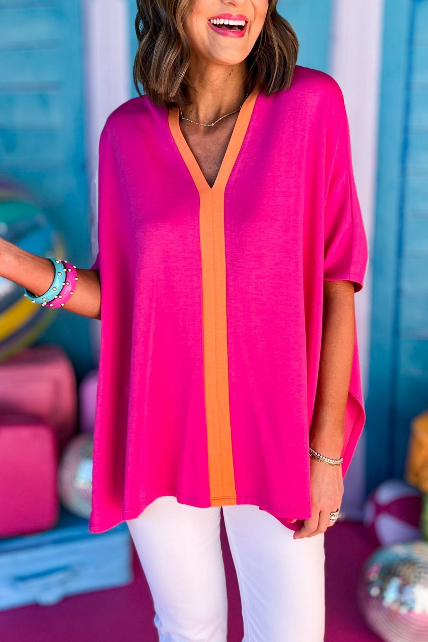 SSYS The Harper Colorblock Tent Top In Pink, ssys the label, spring break top, spring break style, spring fashion affordable fashion, elevated style, bright style, bright top, mom style, shop style your senses by mallory fitzsimmons, ssys by mallory fitzsimmons