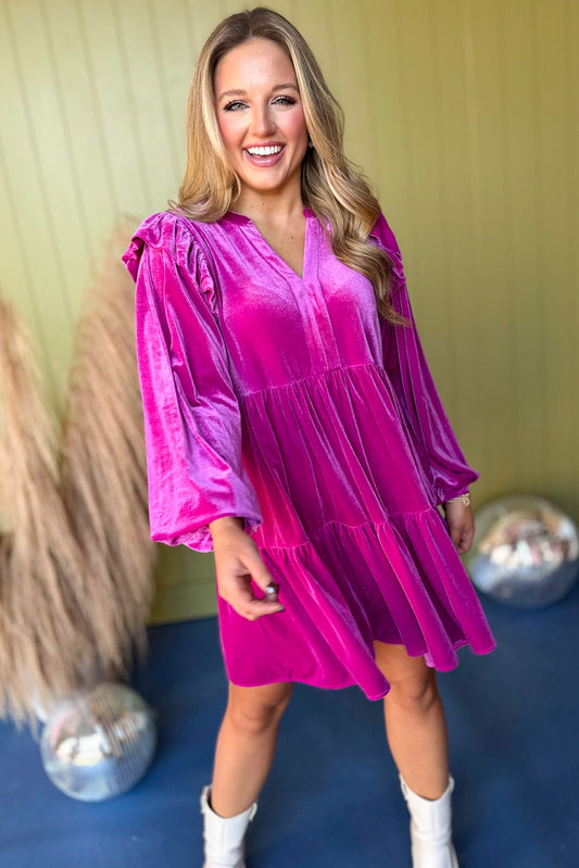  Magenta Velvet Tiered Ruffled Shoulder Long Sleeve Dress *FINAL SALE* *Final Sale*, must have dress, must have style, fall style, fall fashion, elevated style, elevated dress, mom style, fall collection, fall dress, shop style your senses by mallory fitzsimmons