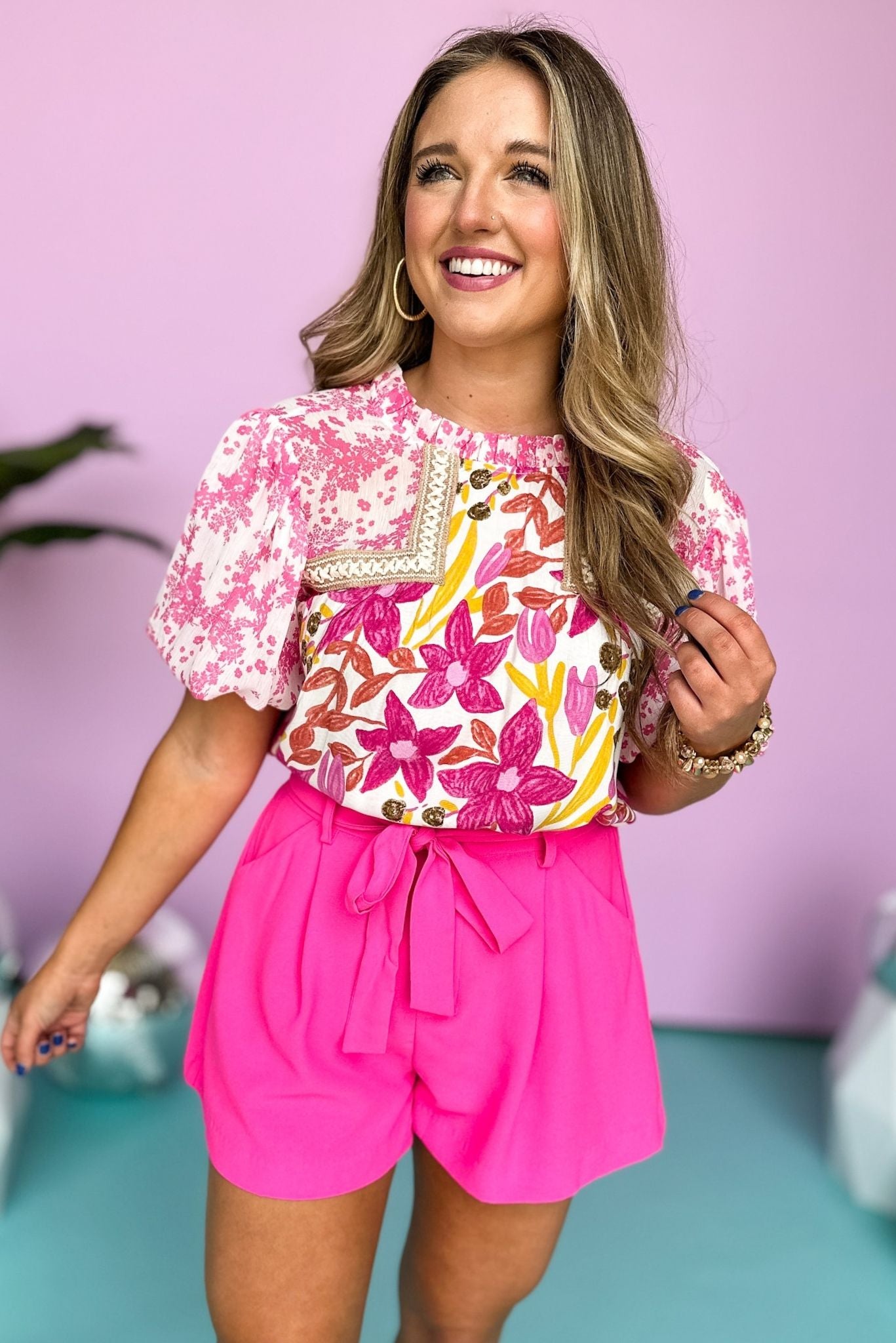 Fuchsia Floral Printed Embroidered Detailed Puff Short Sleeve Top, puff sleeve, high neck, floral print, summer style, shop style your senses by mallory fitzsimmons