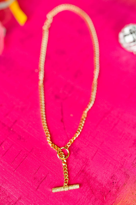 Gold Curb Chain Rhinestone Toggle Necklace