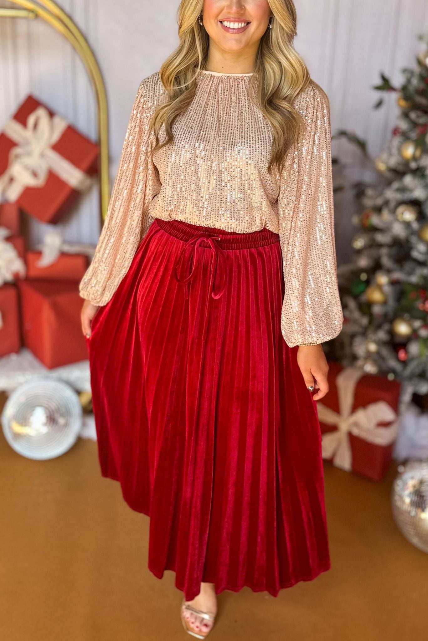 Red Velvet Drawstring Pleated Skirt, must have skirt, must have style, elevated skirt, elevated style, holiday style, holiday fashion, elevated holiday, holiday collection, affordable fashion, mom style, shop style your senses by mallory fitzsimmons