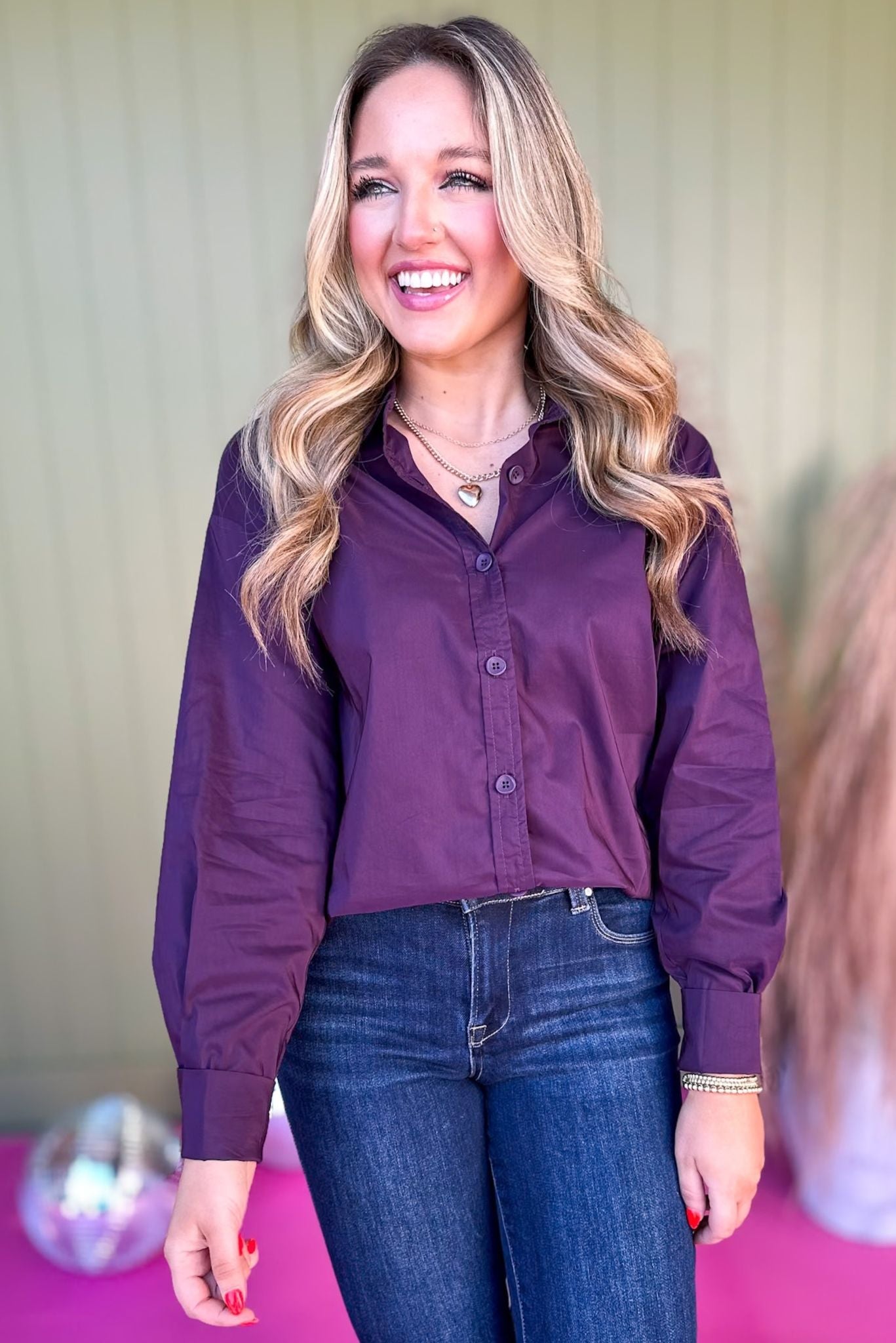 Purple Button Front Pleated Back Long Sleeve Top, must have top, must have style, office style, winter fashion, elevated style, elevated top, mom style, work top, shop style your senses by mallory fitzsimmons