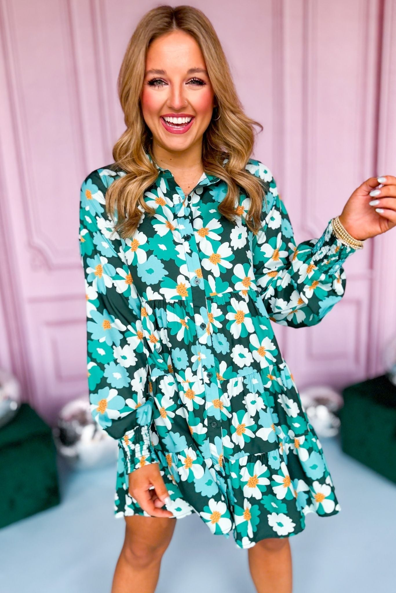 Green Floral Printed Collared Button Front Tiered Dress, must have dress, must have style, office style, spring fashion, elevated style, elevated dress, mom style, work dress, shop style your senses by mallory fitzsimmons