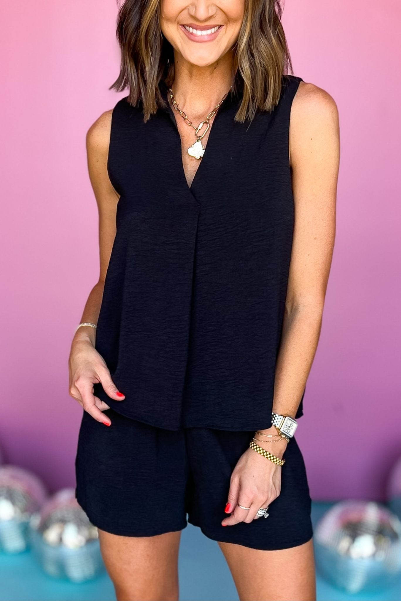 SSYS The Macy Crepe Sleeveless Top Shorts Set In Black, ssys set, ssys the label, crepe set, elevated set, matching set, must have set, everyday set, must have style, cool style, mom style, summer style, shop style your senses by MALLORY FITZSIMMONS, ssys by MALLORY FITZSIMMONS