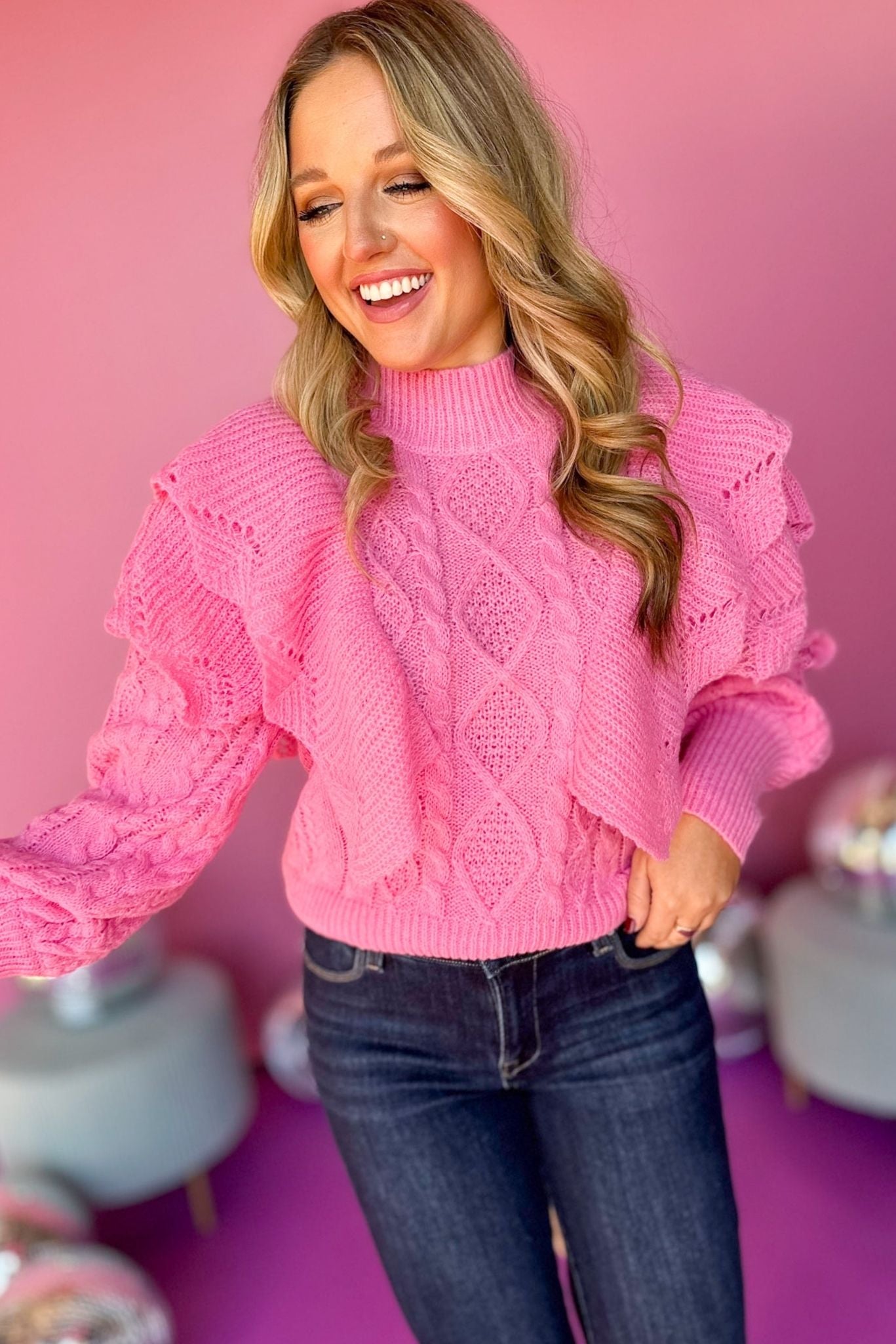 Pink Mock Neck Cable Knit Ruffle Sweater, must have sweater, must have style, must have fall, fall collection, fall fashion, elevated style, elevated sweater, mom style, fall style, shop style your senses by mallory fitzsimmons