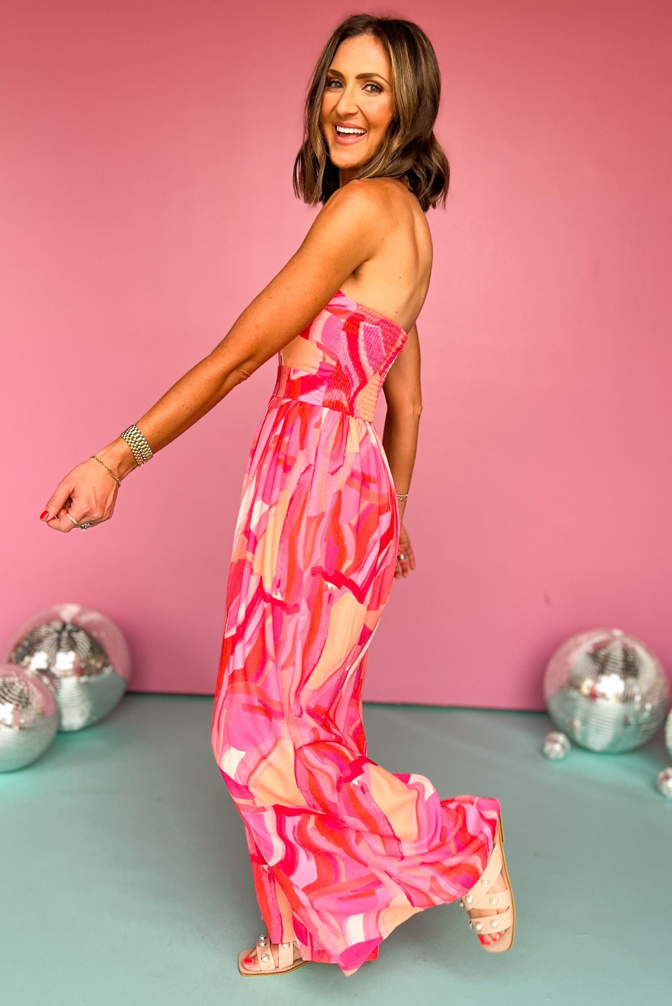 Fuchsia Strapless Smocked Back Bodice Wide Leg Jumpsuit, jumpsuit, romper, strapless jumpsuit, strapless romper, smocked back, smocked back jumpsuit, smocked back romper, wide leg jumpsuit, wide leg romper, fuchsia print jumpsuit, fuchsia print romper, must have jumpsuit, elevated jumpsuit, elevated style, summer jumpsuit, summer style, Shop Style Your Senses by Mallory Fitzsimmons, SSYS by Mallory Fitzsimmons