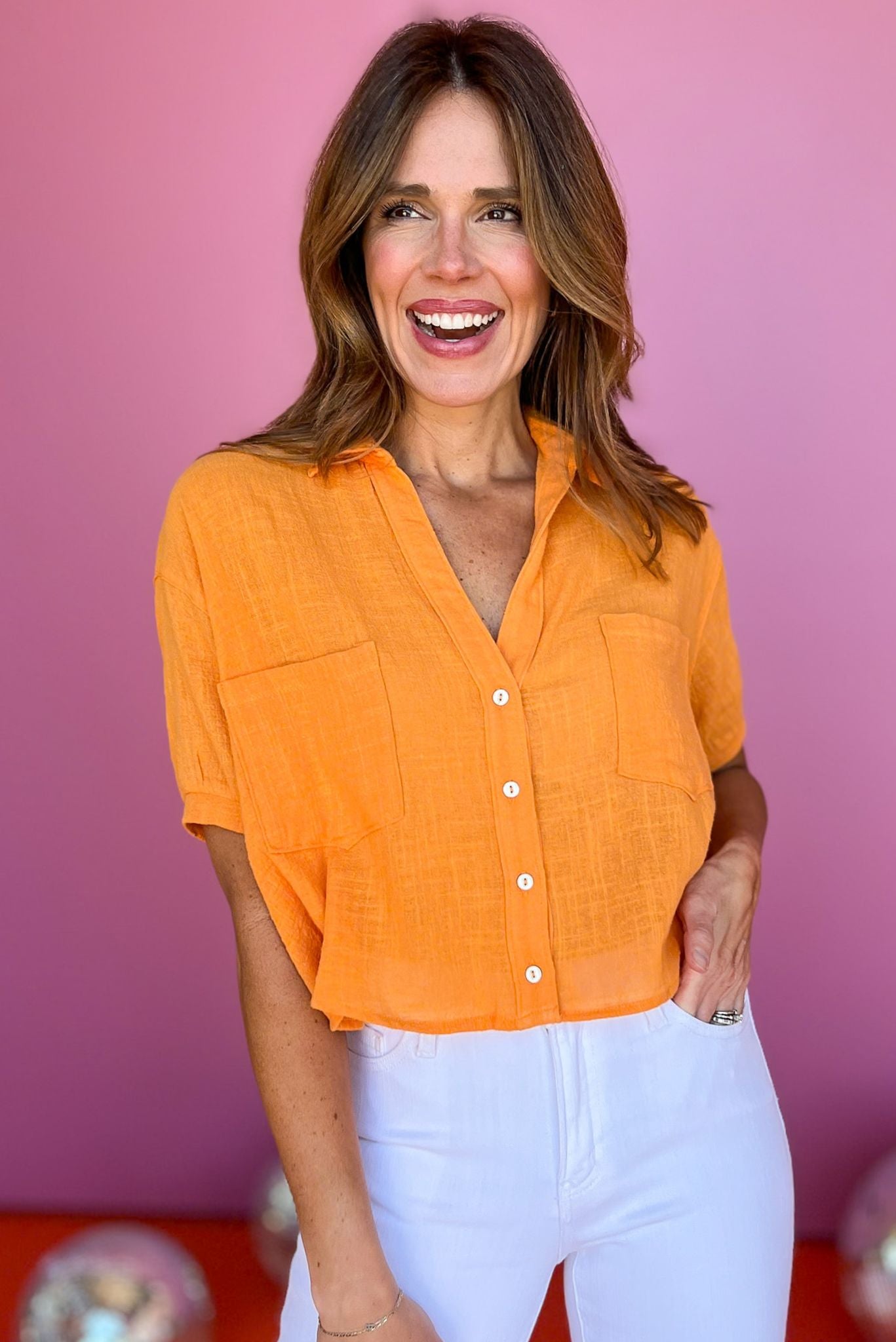  Orange Collared Button Down Short Sleeve Front Pocket Top, must have top, basic top, elevated basics, must have basic, elevated top, mom style, warm fashion, shop style your senses by mallory fitzsimmons, ssys by Mallory Fitzsimmons