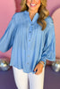 French Blue Button Front Pleated Long Sleeve Top, pleated top, blue top, must have top, must have style, office style, spring fashion, elevated style, elevated top, mom style, work top, shop style your senses by mallory fitzsimmons, ssys by mallory fitzsimmons