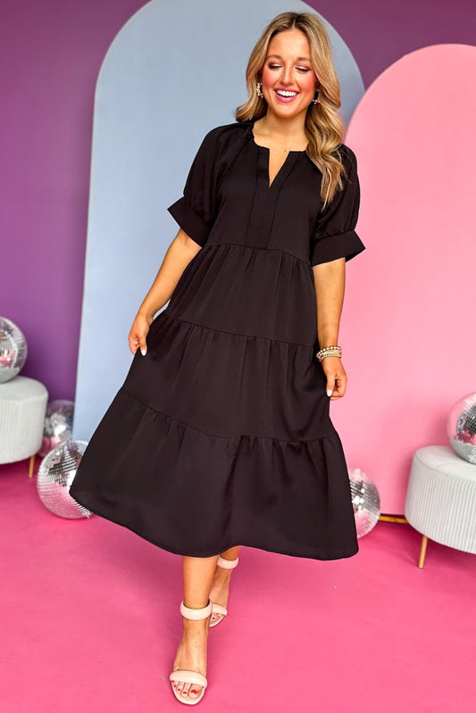  Black V Neck Tucked Short Sleeve Tiered Maxi Dress, must have dress, must have style, office style, spring fashion, elevated style, elevated dress, mom style, work dress, shop style your senses by mallory fitzsimmons