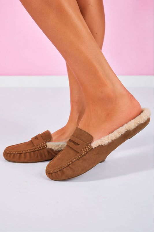 Caramel Suede Shearling-Lined Penny Loafers