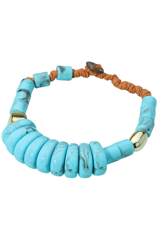 Turquoise Beaded Necklace with Brown Cord and Gold Accents