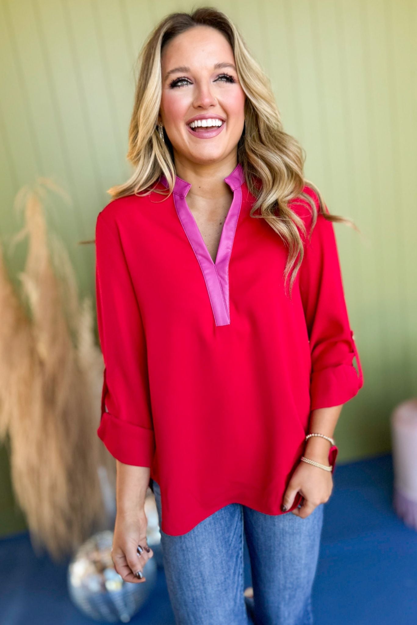 SSYS The Rose Faux Leather Trim Top In Red, SSYS the label, must have top, must have style, fall style, fall fashion, elevated style, elevated top, mom style, fall collection, fall top, shop style your senses by mallory fitzsimmons