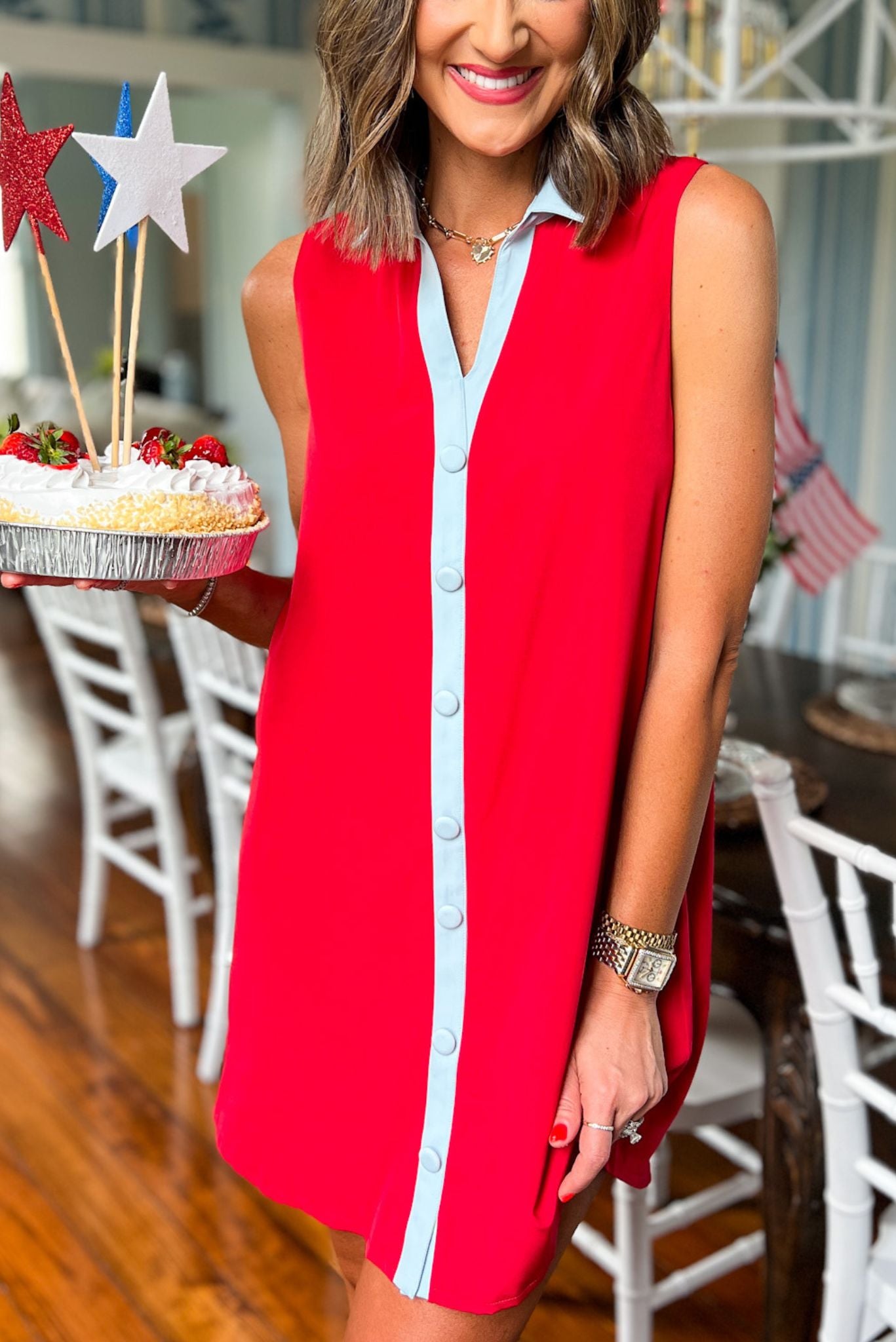 SSYS The Penelope Colorblock Collared Sleeveless Dress In Red, ssys the label, ssys dress, must have dress, elevated dress, mom style, summer style, Fourth of July collection, ssys by mallory fitzsimmons