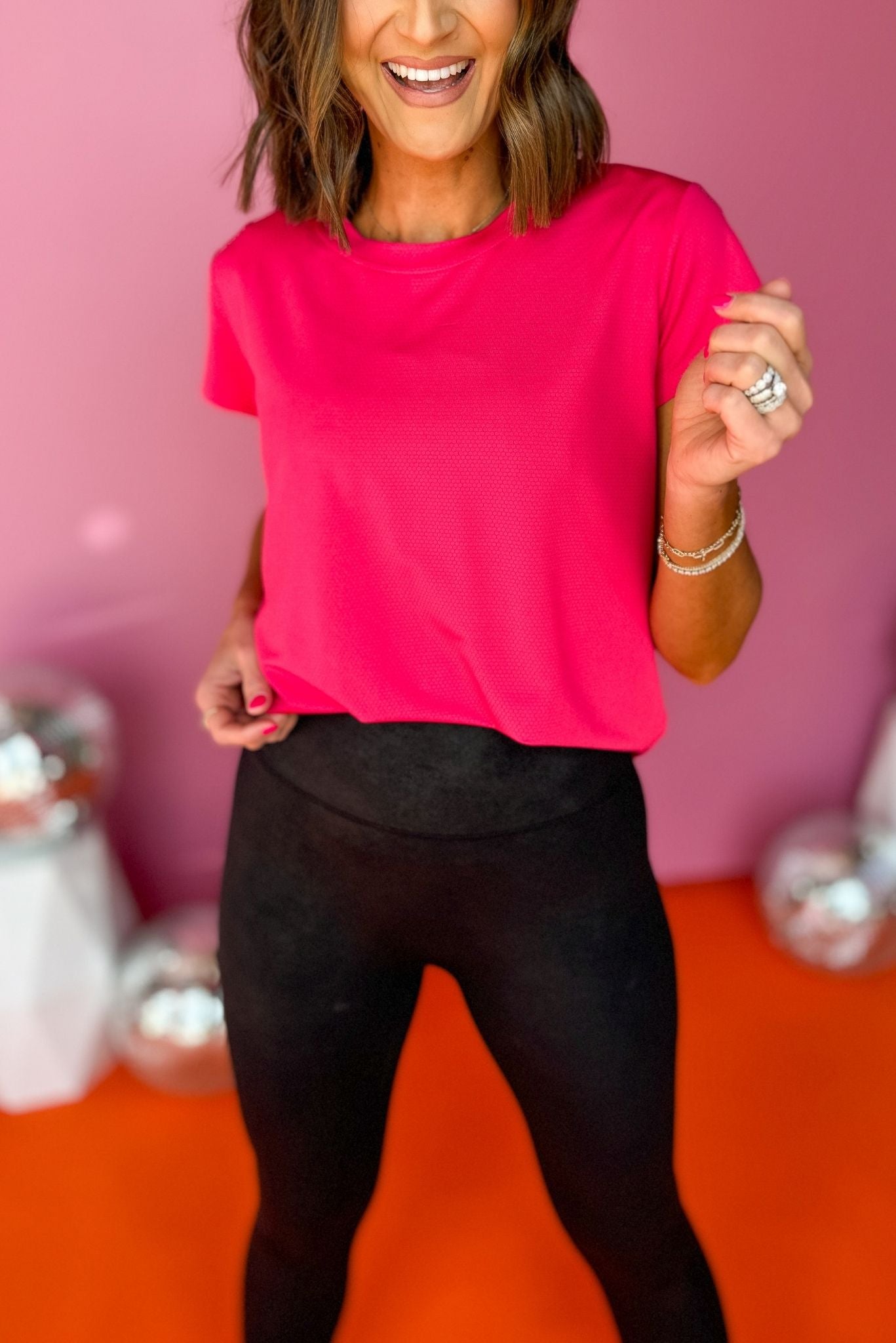 SSYS Hot Pink Honeycomb Short Sleeve Active Top,  ssys the label, athleisure, elevated athleisure, must have top, athletic top, bright top, athletic style, mom style, shop style your senses by mallory fitzsimmons, ssys by mallory fitzsimmons