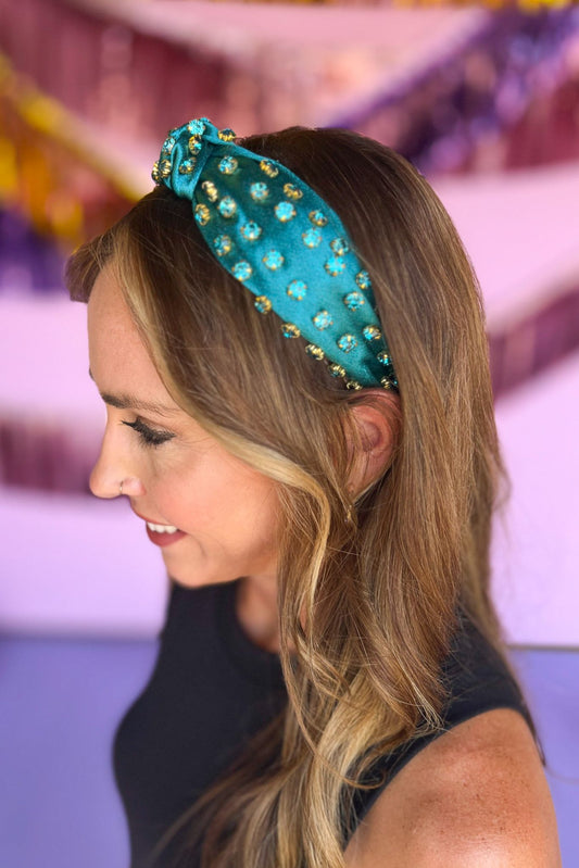 Teal Satin Gold Rhinestone Knot Headband, accessories, headband, shop style your senses by mallory fitzsimmons