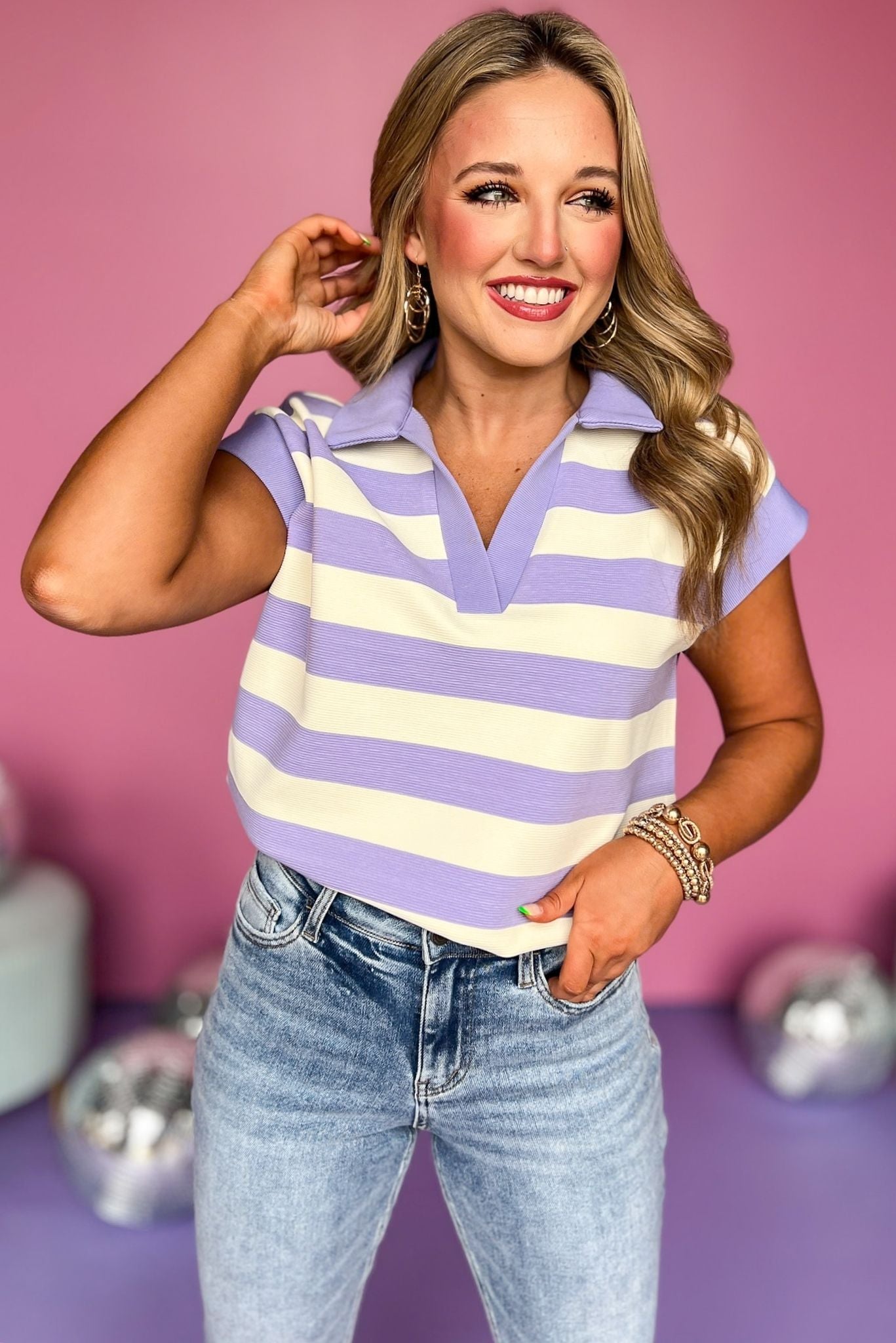 Lavender Striped V Neck Collar Short Sleeve Top, striped top, trendy top, must have top, must have style, summer style, spring fashion, elevated style, elevated top, mom style, shop style your senses by mallory fitzsimmons, ssys by mallory fitzsimmons  Edit alt text