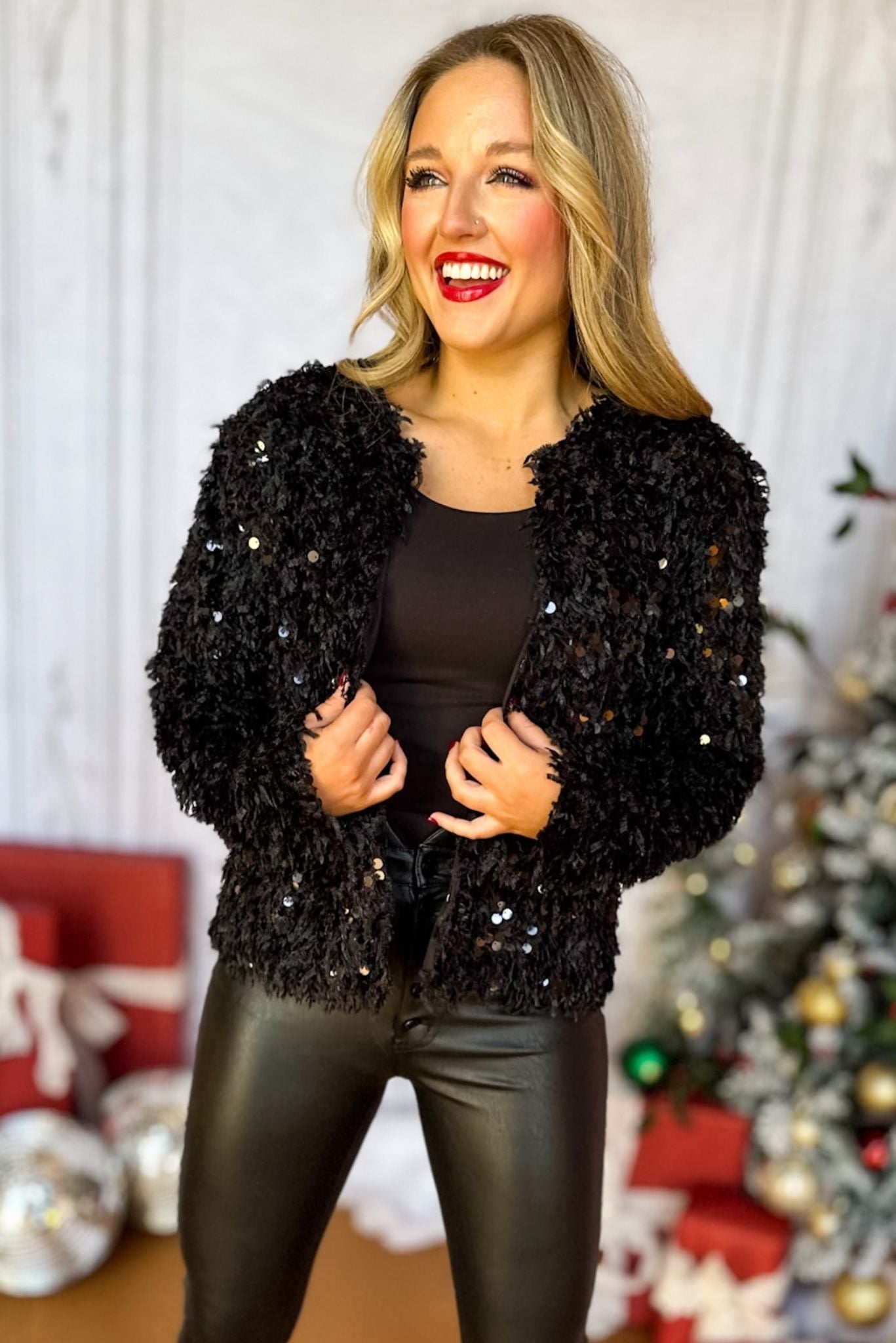 Black Fuzzy Sequin Jacket, must have jacket, must have style, elevated jacket, elevated style, holiday style, holiday fashion, elevated holiday, holiday collection, affordable fashion, mom style, shop style your senses by mallory fitzsimmons