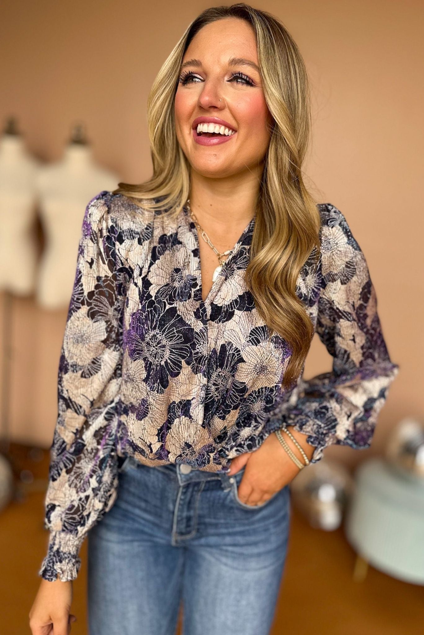 Navy Floral Metallic V Neck Long Sleeve Bodysuit, must have top, must have style, fall style, fall fashion, elevated style, elevated top, mom style, fall collection, fall top, shop style your senses by mallory fitzsimmons