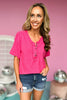 hot pink Snap Button V Neck Raw Hem Top, BUTTON DETAIL, raw hem, easy fit, v neck, must have, shop style your senses by mallory fitzsimmons