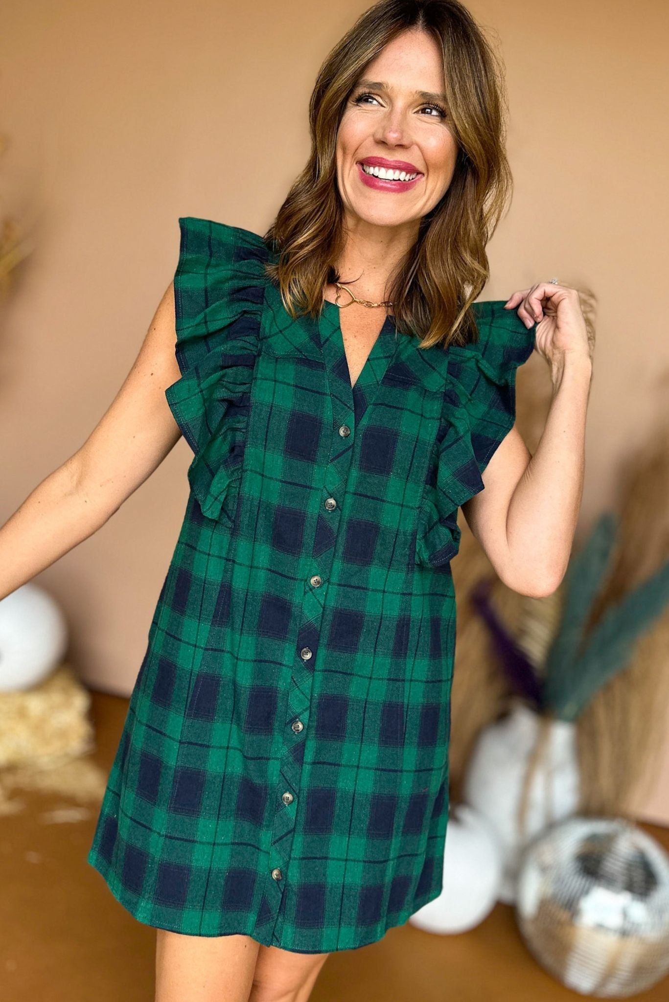  Green Plaid Button Front Ruffle Detail Dress, must have dress, must have style, fall style, fall fashion, elevated style, elevated dress, mom style, fall collection, fall dress, shop style your senses by mallory fitzsimmons