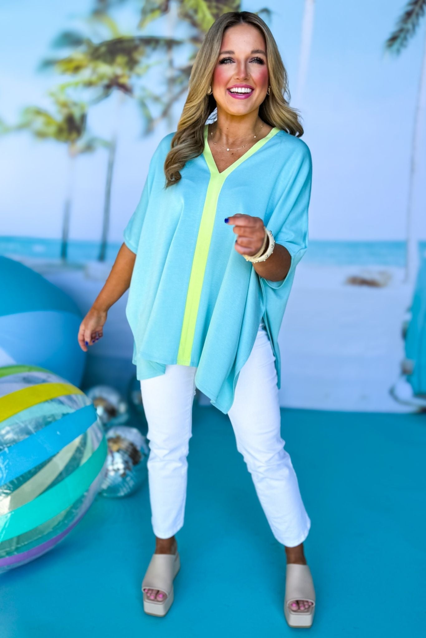 SSYS The Harper Colorblock Light Weight Air Tent Top In Blue, ssys the label, spring break top, spring break style, spring fashion affordable fashion, elevated style, bright style, bright top, mom style, shop style your senses by mallory fitzsimmons, ssys by mallory fitzsimmons