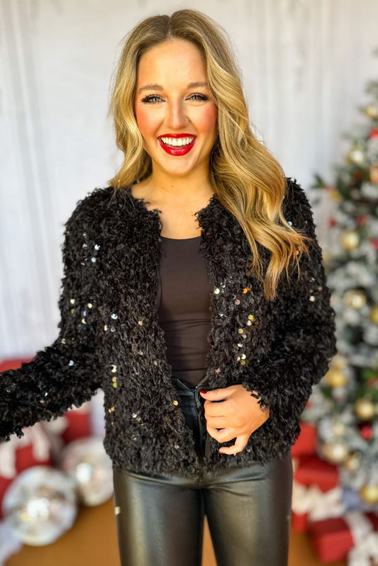 Black Fuzzy Sequin Jacket, must have jacket, must have style, elevated jacket, elevated style, holiday style, holiday fashion, elevated holiday, holiday collection, affordable fashion, mom style, shop style your senses by mallory fitzsimmons