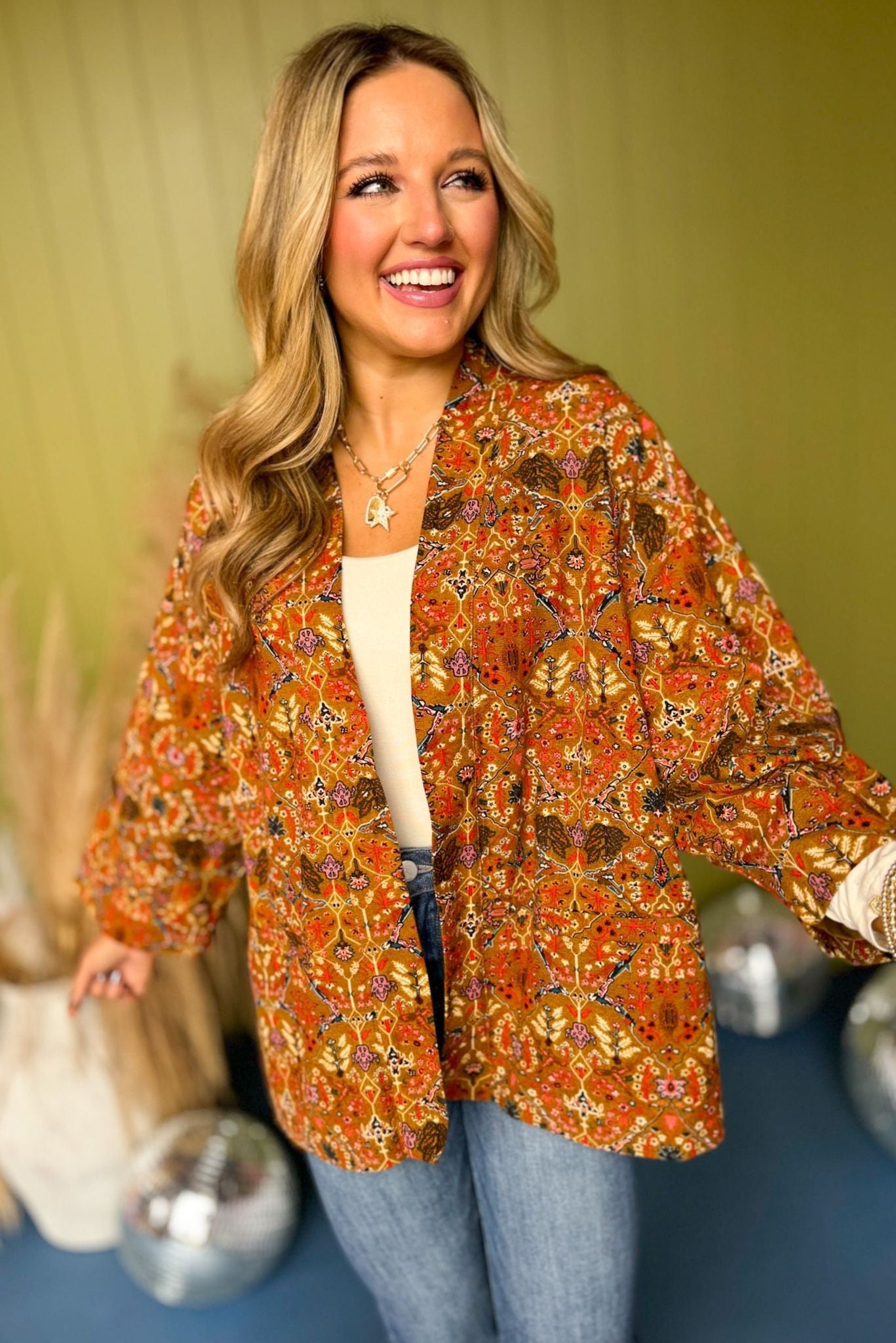 Molly Bracken Brown Floral Printed Open Front Kimono, must have kimono, must have style, fall style, fall fashion, elevated style, elevated kimono, mom style, fall collection, fall kimono, shop style your senses by mallory fitzsimmons