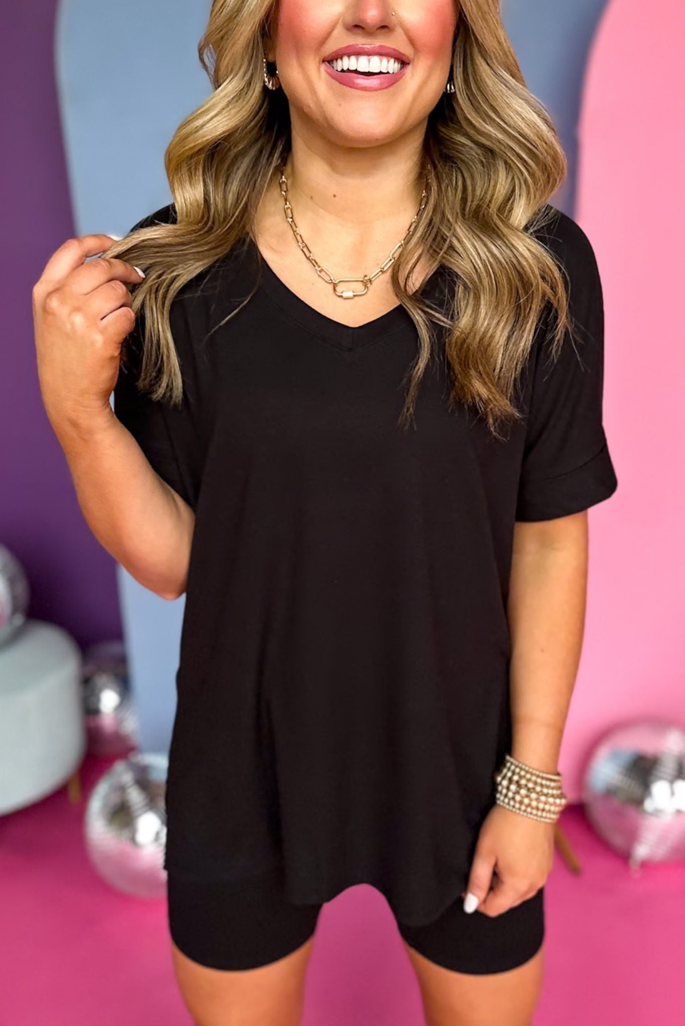 Black V Neck Top and Biker Shorts *FINAL SALE* *Final Sale*, must have biker shorts, must have set, comfortable set, cozy set, must have style, comfy style, elevated set, mom style, shop style your senses by mallory fitzsimmons