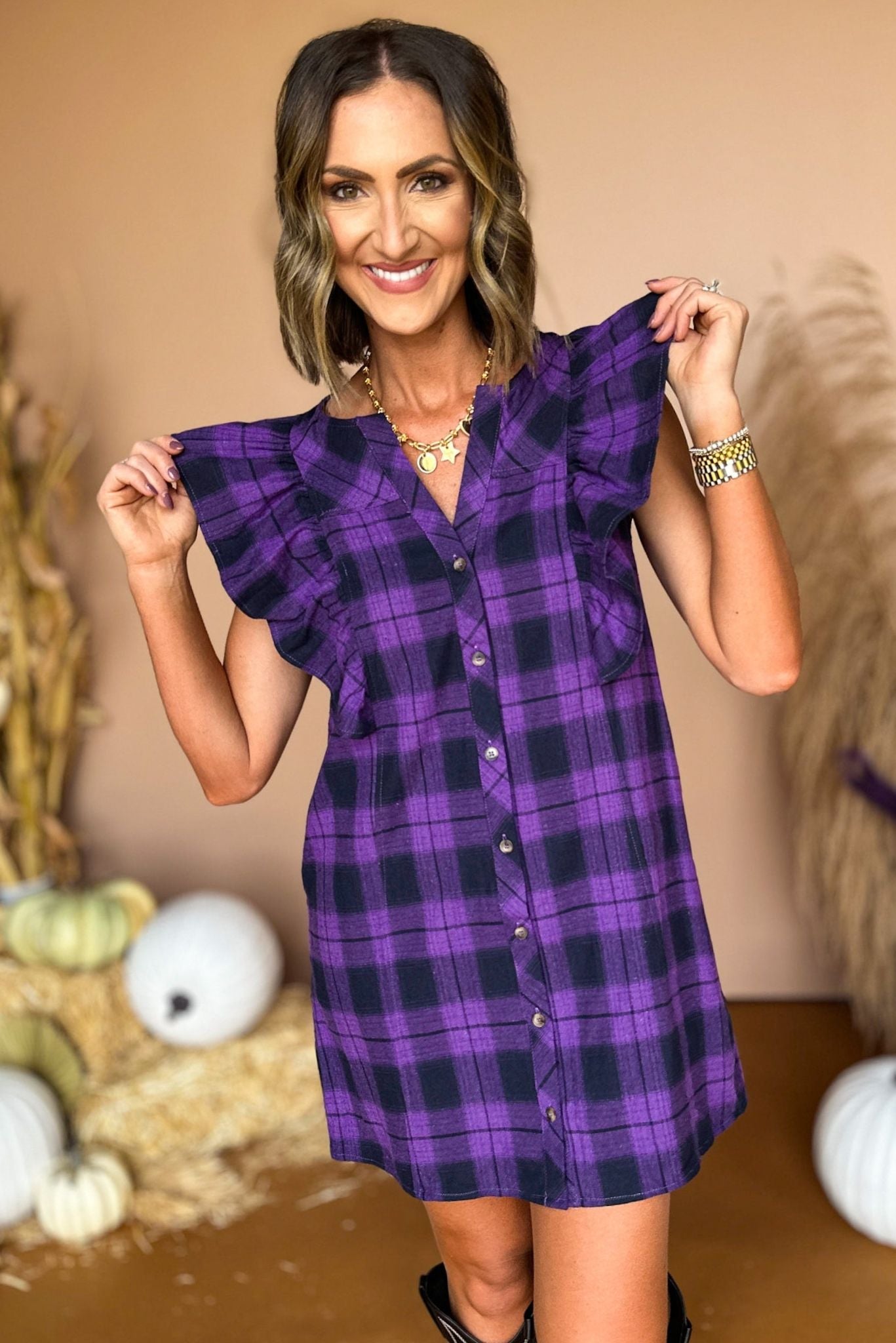  Purple Plaid Button Front Ruffle Detail Dress, must have dress, must have style, fall style, fall fashion, elevated style, elevated dress, mom style, fall collection, fall dress, shop style your senses by mallory fitzsimmons