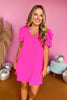 Hot Pink V Neck Gathered Short Sleeve Dress, pink dress, ruched sleeve dress, summer to fall dress, elevated style, mom style, work to weekend style, shop style your senses by mallory fitzsimmons